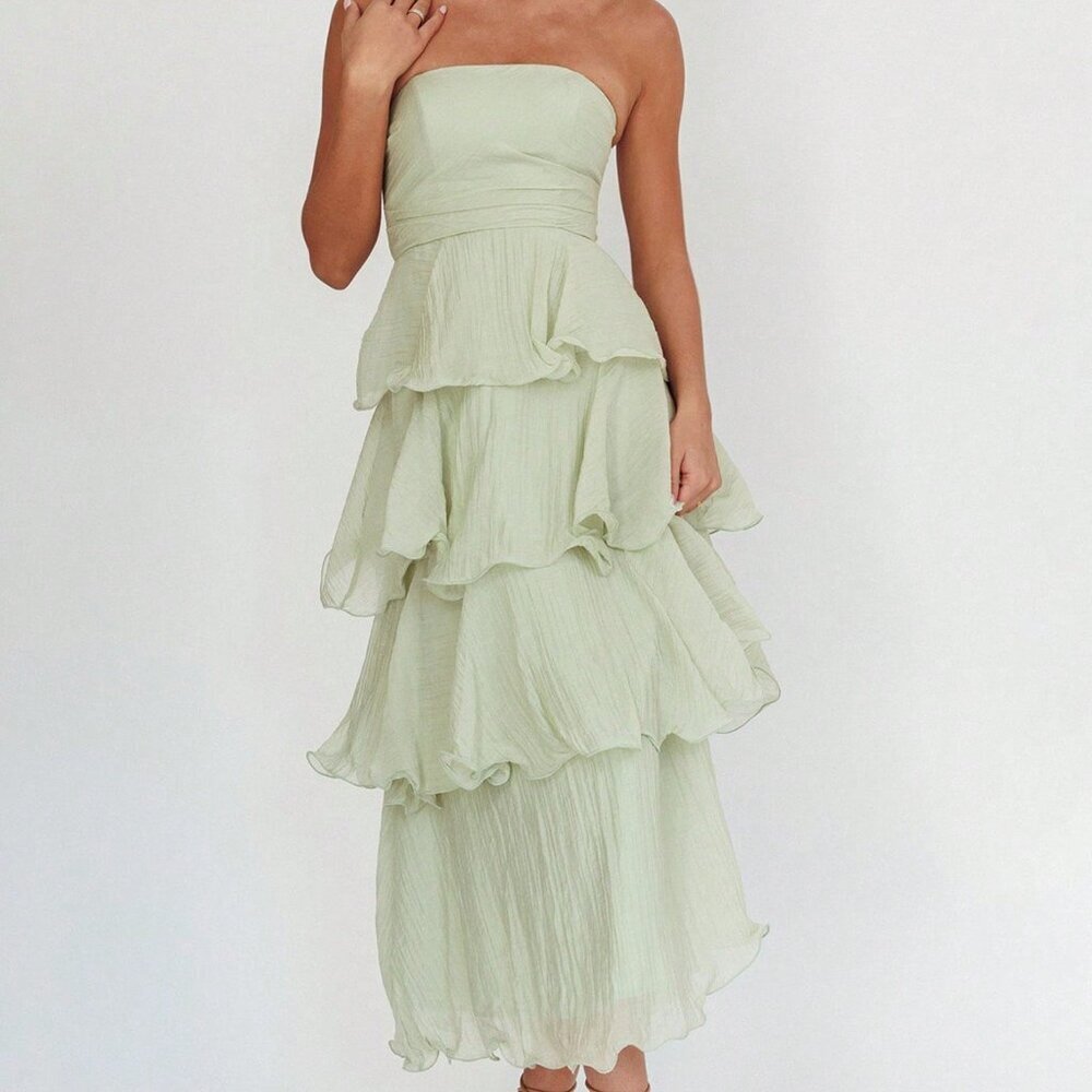 Green Elegant Women's Long Ruffled Strapless Cake Dress - Picture 3 of 3